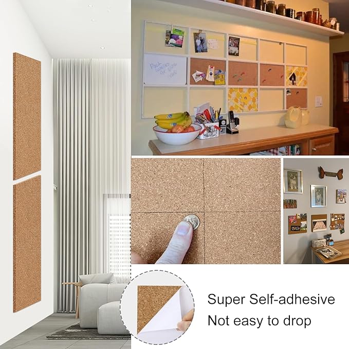 NACHLYNN Cork Board 6 Pack 17 x 8 Square Bulletin Board for Wall Self-Adhesive Corkboards with 100 Push Pins Frameless Cork Tiles for Walls Home Office