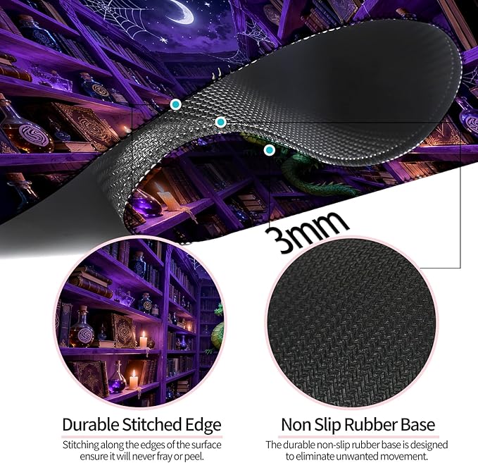 Fantasy Magic Bookshelf and Dragon XL Large Desk Mat, Extended Long Desk Pad for Gaming and Office, Non-Slip Rubber Base, Comfortable Surface Mouse Pad, 31.5x11.8 in (H26)