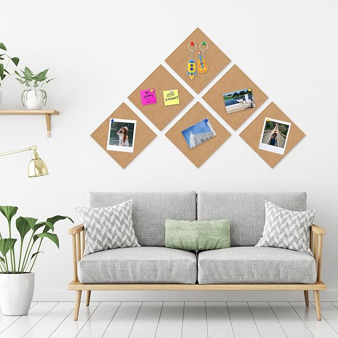 NACHLYNN Cork Board 6 Pack 17 x 8 Square Bulletin Board for Wall Self-Adhesive Corkboards with 100 Push Pins Frameless Cork Tiles for Walls Home Office