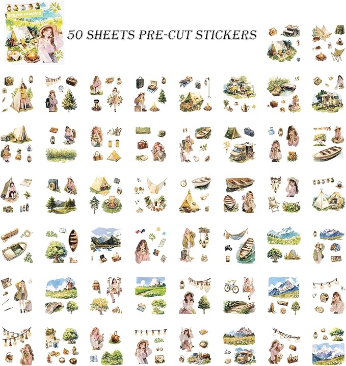 50 Sheets Outdoor Scrapbooking Camping Stickers 200 Pre-Cut Washi Stickers Camping Sticker Scrapbook Supplies Collage Decorative DIY Arts Craft Making