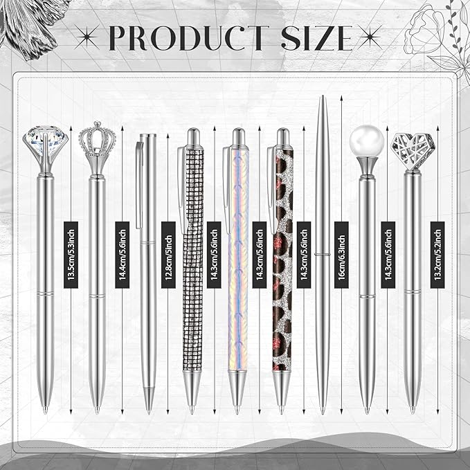 Janmini 9 Pcs Ballpoint Pens Set Metal Crystal Diamond Glitter Pens for Journaling Black Ink Pretty Cute Things Fancy Stationery Gifts for Women Girls Birthday Home Office Desk(Silver)