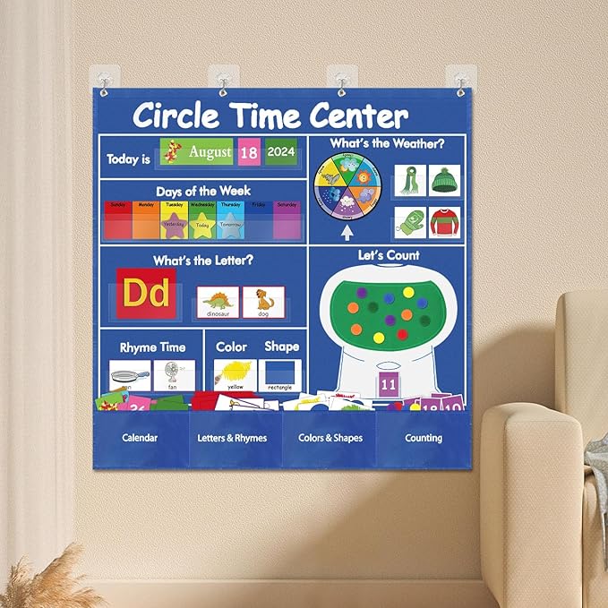 Circle Time Learning Center, Teaching Shape Circle Time Pocket Chart with 221 Cards, Educational Pocket Chart Teaching Materials, Learning Calendar Weather Counting Letter Color Shape etc
