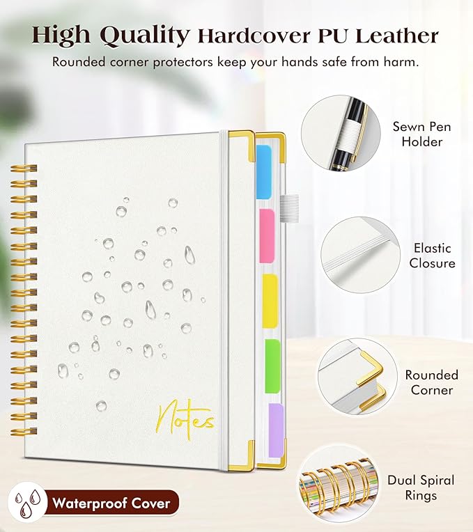 Spiral Notebook Journal with Removable Dividers Tabs, 300 Pages Hardcover Leather 5 Subject College Ruled Notebook, 8.5"x11" Large A4 Lined Journal for Women Men, Spiral Notebook for Work School,Beige