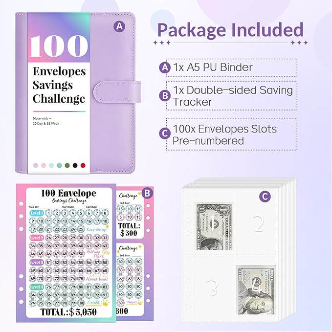 2PCS 100 Envelopes Money Saving Challenge, Savings Challenges Book with Envelopes, Flexible $5050, $2600, $300, Binder with 100 Pocket Pre-Number & Reusable Laminated Tracker