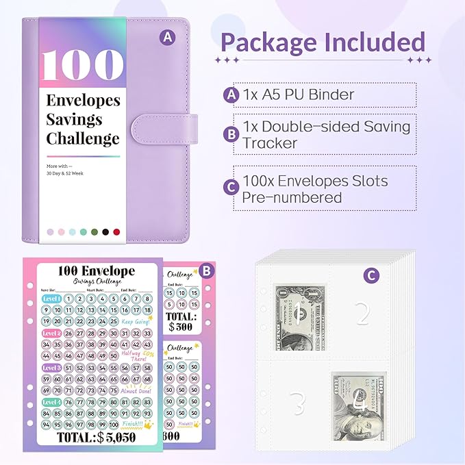 Sooez 100 Envelopes Money Saving Challenge, Savings Challenges Book with Envelopes, Flexible Saving $5050, $2600, $300, Savings Binder with 100 Pocket Pre-Number & Reusable Laminated Tracker