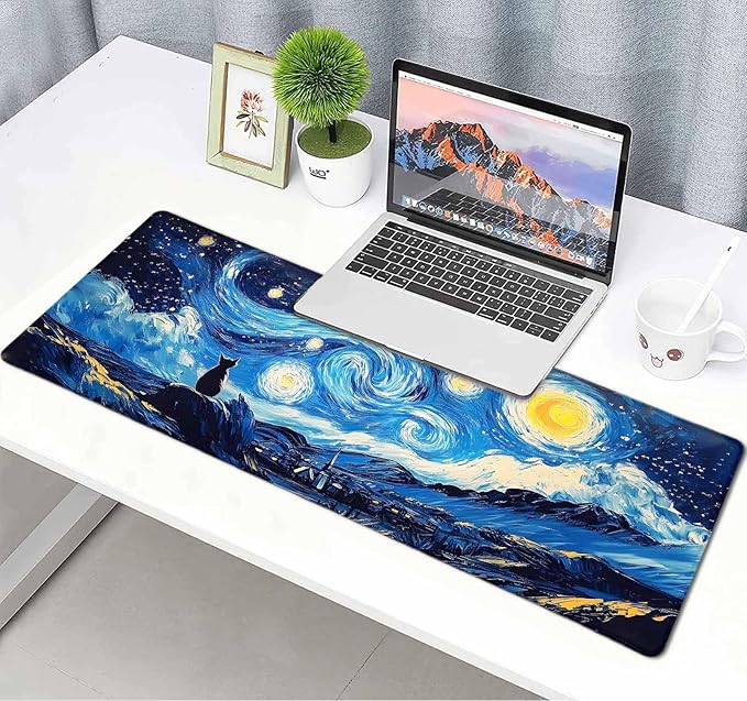 Black Cat Art Night Starry Sky Large Mouse Pad, Desk Mat Computer Keyboard Pad Non-Slip Rubber Base Waterproof with Stitched Edges for Laptop Gaming, Office & Home 31.5 x 11.8 Inch (XL-23)