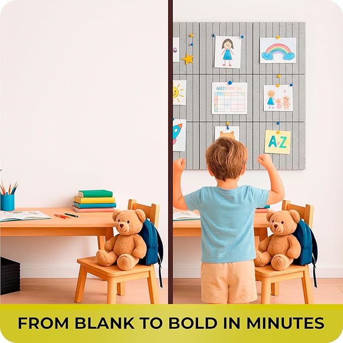Felt Bulletin Board Tiles – 12x12 Inch Cork Wall Panels, Pack of 12, Covers 36x48 Inches, 50 Adhesive Tabs and Bubble Level, Polyester Material – Silver Gray