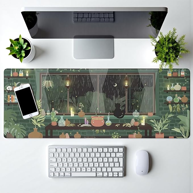 Dark Green Leaves Mouse Pad Abstract Cat Mouse Pad 31.5x11.8 Inch Aesthetic Flower Texture Non-Slip Rubber Base Large Mousepad Stitched Edges Keyboard Mouse Mat Desk Pad for Office and Home