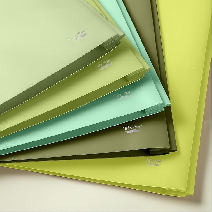 Mr. Pen- Plastic Folders with Pockets and Prongs, 5 Pack, Letter Size, Green Shades, Flexible Plastic Folders with Prongs
