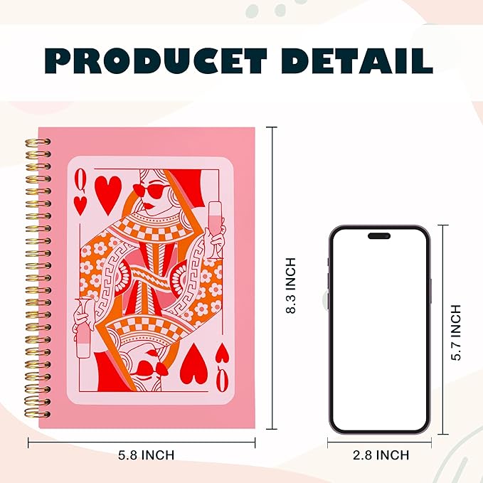 BearCake Funny Pink Queen of Hearts Notebook Journal, Preppy Pink Aesthetic Notebooks Office Supplies, Hardcover Spiral Notebook 5.5x8.3, Desk Accessories for Women Office