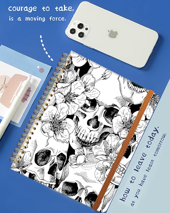 Ruled Spiral Writing Notebook,A5 Hardcover Lined College Journal for Women Lady,Fashion Puppy Watercolor Strong Twin-Wire Binding with Premium Paper,8.4" X 6",Perfect for School,Office,Home Gifts(Cool Skull Flower)