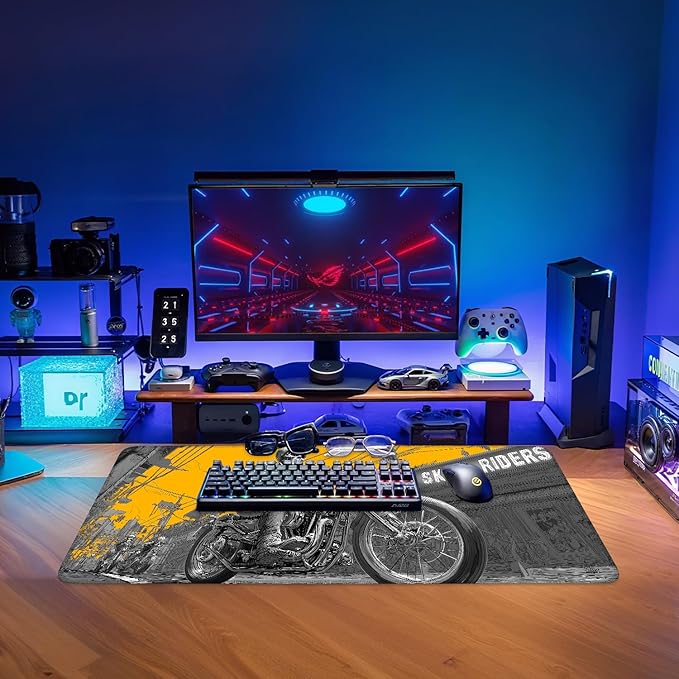 Skull Rider Cyberpunk Motorcycle Gaming Mouse Pad XL 31.5"x11.8" – Bold Yellow Graphic Desk Mat – Anti-Slip Rubber Base & Durable Stitched Edges for Gamers