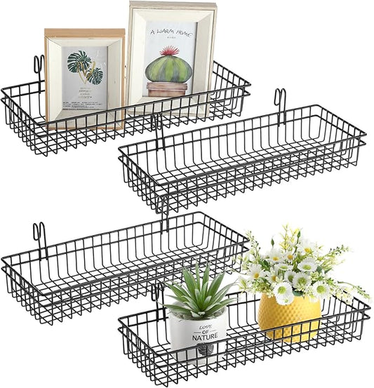 Blulu 4 Pcs 15.75 x 5.91 x 1.97 Inch Metal Grid Wall Baskets with Hooks Grid Wall Shelves Hanging Wire Basket Multi Function Storage Organizer for Kitchen Organizing Display (Black)