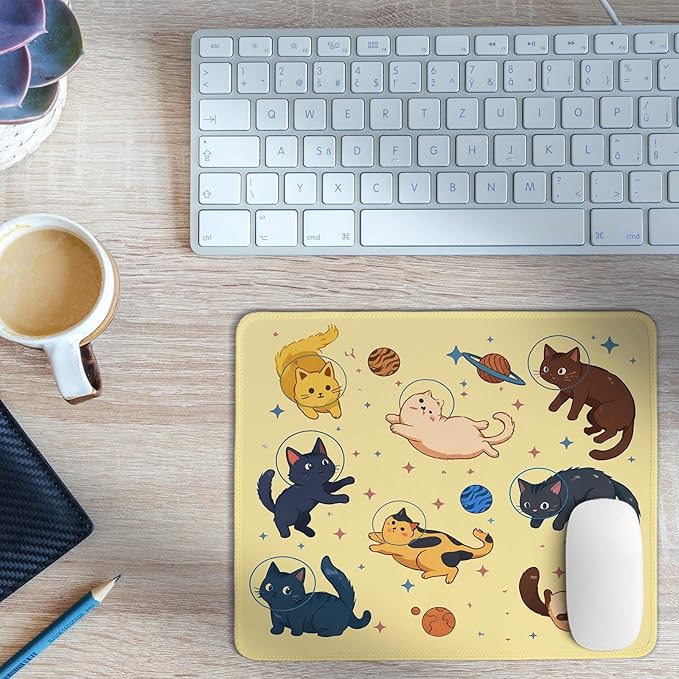 Yellow Funny Cats in Space Mouse Pad,Cute Cat Desk Mat,Cat Desk Accessories for Dorm Home Office Desktop Decor,Gift for Cat Lovers,10.2x8.2 in