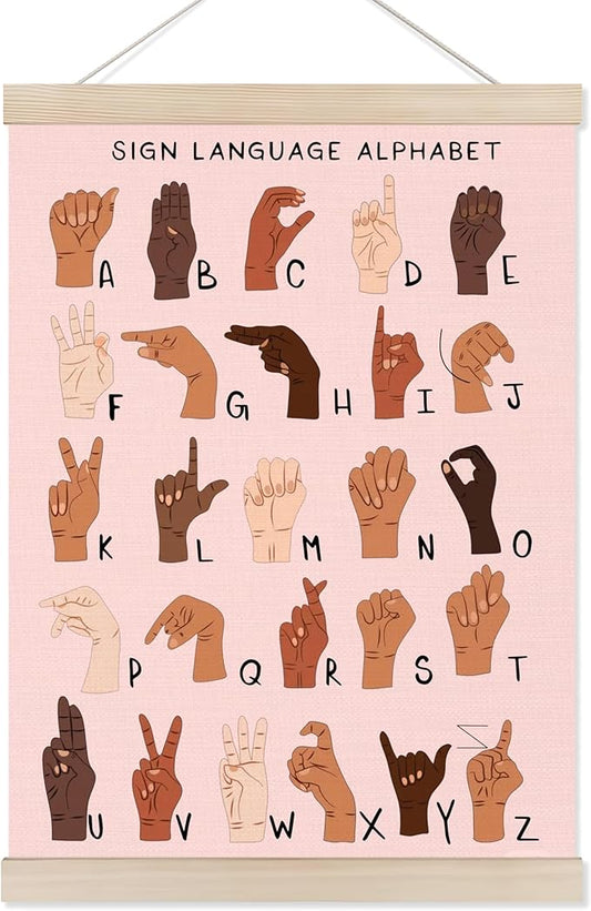 Koesus Sign Language Alphabet Wall Art Poster Hanger Frame 12x16 Inch, Special Education Poster, Educational Canvas Pictures Prints Framed Wall Decor for Classroom Kid Nursery Bedroom Playroom