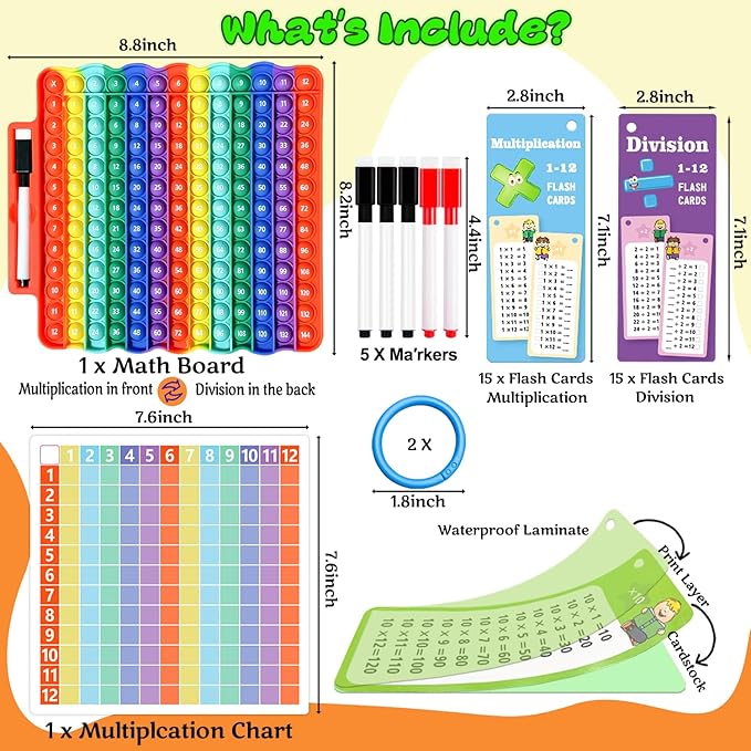Multiplication Flash Cards + Division Flash Cards + Math Board, Math Flash Cards & Chart, Times Table Manipulatives for Preschoolers 3rd,4th,5th,6th Grade