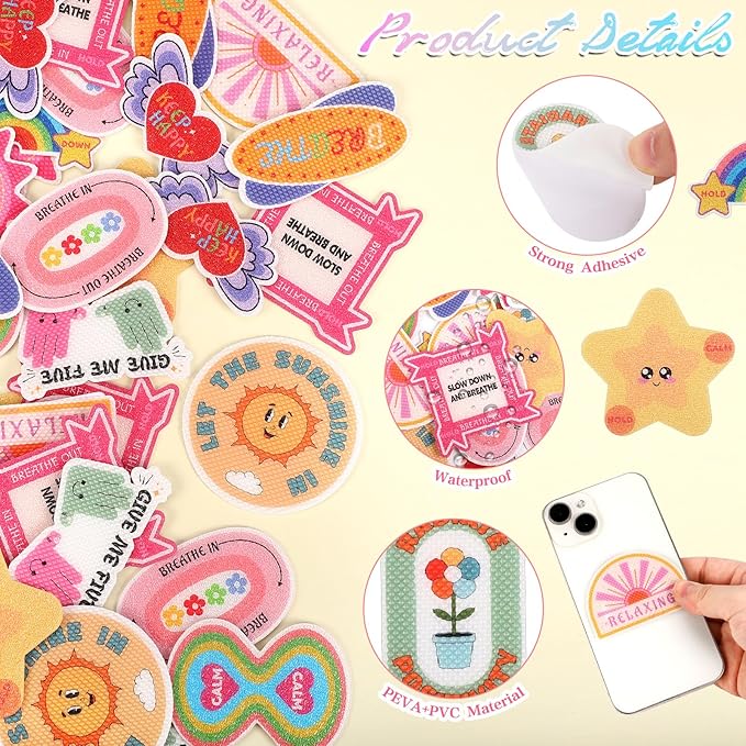 Needbrock 60 Pcs Anxiety Sensory Textured Stickers, Reusable Adhesive Mindfulness Fidget Calming Breathing Stickers for Adults & Teens Relieve Stress, Pink, Purple