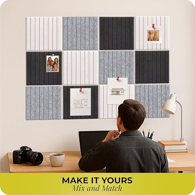 Felt Bulletin Board Tiles – 12x12 Inch Cork Wall Panels, Pack of 12, Covers 36x48 Inches, 50 Adhesive Tabs and Bubble Level, Polyester Material – Desert Ivory