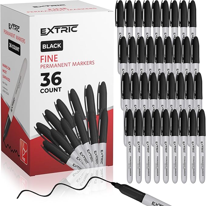 EXTRIC Permanent Markers Black, 36 Count Fine Point Markers, Quick Drying, Works on Wood, Paper, Plastic, Metal and Glass, for Home, Office and School use