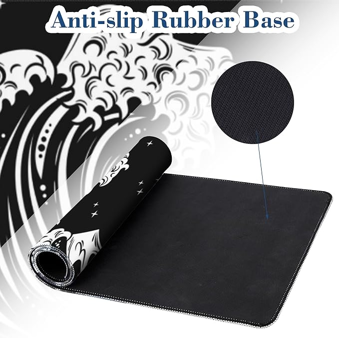 Sea Wave Mouse Pad Desk Mat XL Large Gaming Mousepad Extended Computer Keyboard Mat with Non-Slip Rubber Base and Stitched Edge 11.8 x 31.5 Inch for Gaming and Office Work