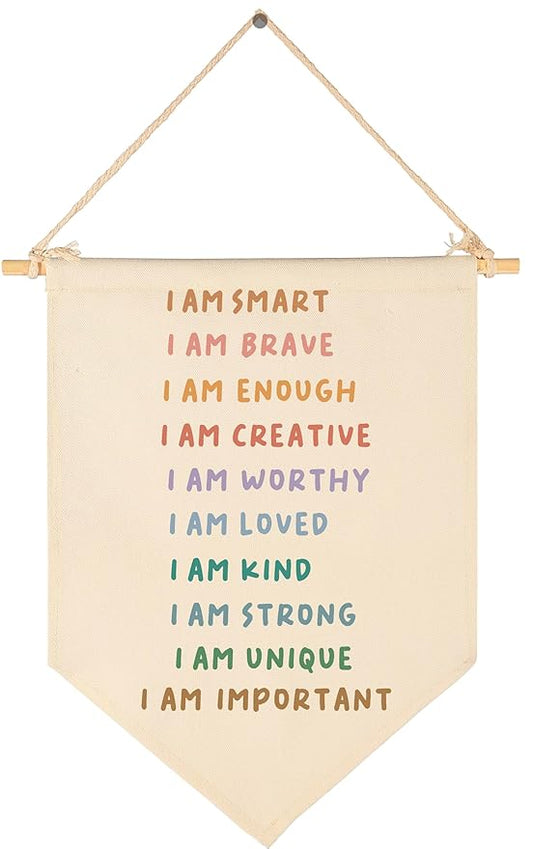 I AM Positive Affirmations Canvas Banner- Motivational Wall Art for Elementary & Kindergarten Classroom, Counselor Office Decor, Calming Corner Decor-Teacher Gift-Pennant Hanging Flag 15.5''×11''