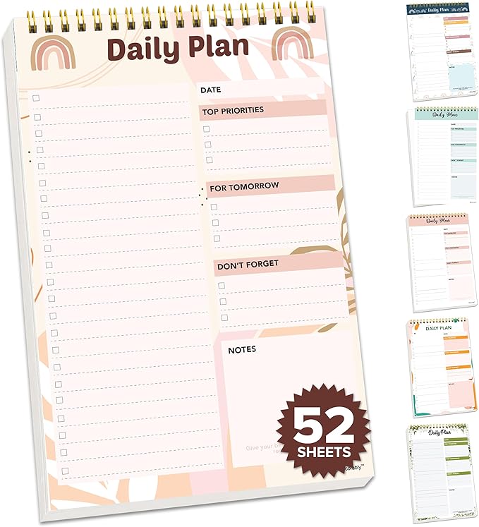 Decorably 52 Sheets Boho Undated Daily to Do List Notepad, 6.5x10in Spring-Bound Planner Pad, Easy Tear-Off Design, with Priorities, Checklist, Agenda, Reminders, Notes - Home, School, Office