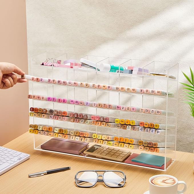 Acrylic Pen Organizer Storage for 350 Markers Vertical Marker Organizer Acrylic Pen Display Holder for Office Desk Desktop Stationery Pencil Storage, Clear, 18 x 4 x 12.4 Inch