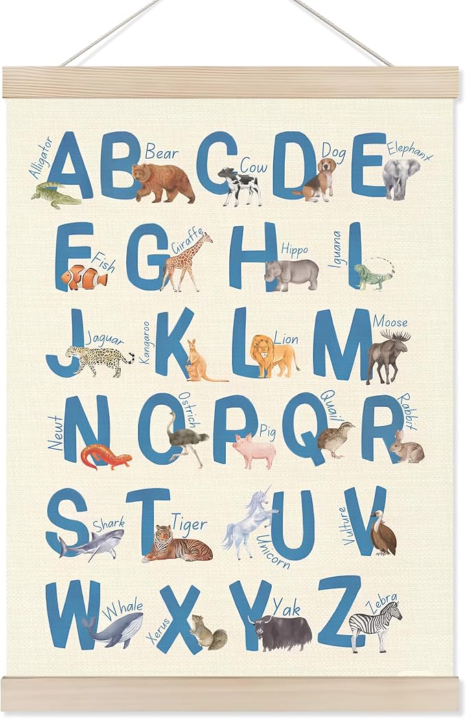 Koesus Animal Alphabet Learning Wall Art Poster Hanger Frame 12x16 Inch, ABC Alphabet Educational Canvas Pictures Prints Framed Wall Decor for Toddler Kids Room Nursery Preschool Classroom Playroom