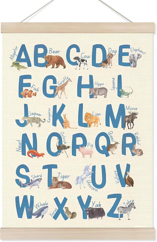 Koesus Animal Alphabet Learning Wall Art Poster Hanger Frame 12x16 Inch, ABC Alphabet Educational Canvas Pictures Prints Framed Wall Decor for Toddler Kids Room Nursery Preschool Classroom Playroom