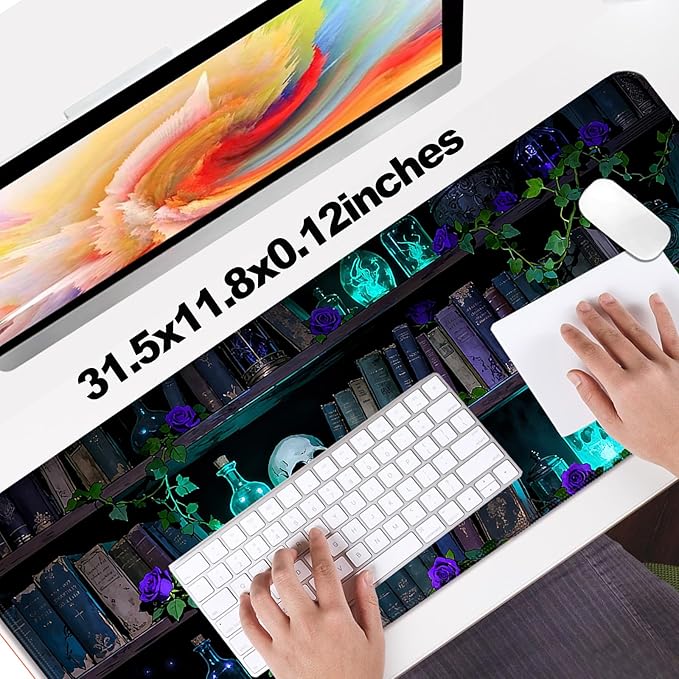 Dreamy Blue Rose and Magic Book XL Large Desk Mat, Extended Long Desk Pad for Gaming and Office, Non-Slip Rubber Base, Comfortable Surface Mouse Pad, 31.5x11.8 in (H18)