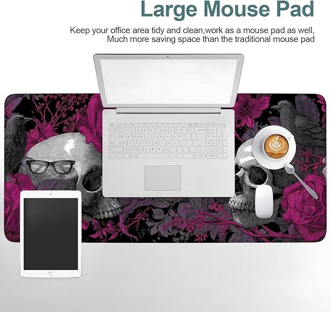 Skull and Roses XXL Extended Gaming Mouse Pad 35.4 x 15.7 Inch – Large Gothic Desk Mat with Non-Slip Rubber Base, Smooth Cloth Surface, Stitched Edges