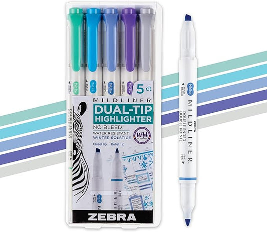 Zebra Pen Mildliner Dual-Tip Highlighter Set, Broad and Fine Tips, No Bleed, Ideal for Bible Highlighting, Journaling and Note-Taking, Assorted Winter Solstice Ink Colors, 5-Pack (78325)