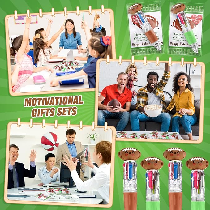 Colarr 24 Set Football Valentines Gifts Multicolor Pens with Positive Cards for Valentines Day Party Favors Classroom Prizes Students Football Team Goodie Bags Stuffers 4 in 1 Ballpoint Pens
