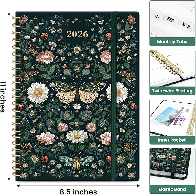2026 Planner, Aesthetic Weekly and Monthly Planner for Women, Jan 2026 to Dec 2026, Hardcover 2026 Calendar Book with Monthly Tabs, Inner Pocket, Perfect for Office Home School - A4 (8.5" x 11"), Insects in Blooms