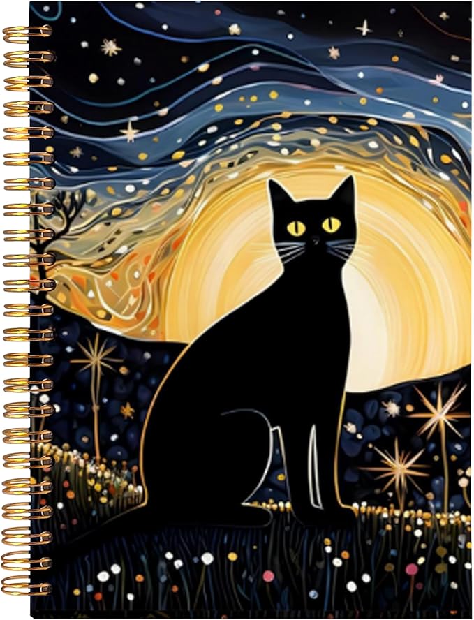 BearCake Starry Night Black Cat Notebook, Cat Gifts for Women Cat Lovers, Black Cat Gifts, Cat Journal, Cat Mom Gifts, Cat Lady Gifts, Cute Notebook, Hardcover Spiral Notebook 5.5x8.3