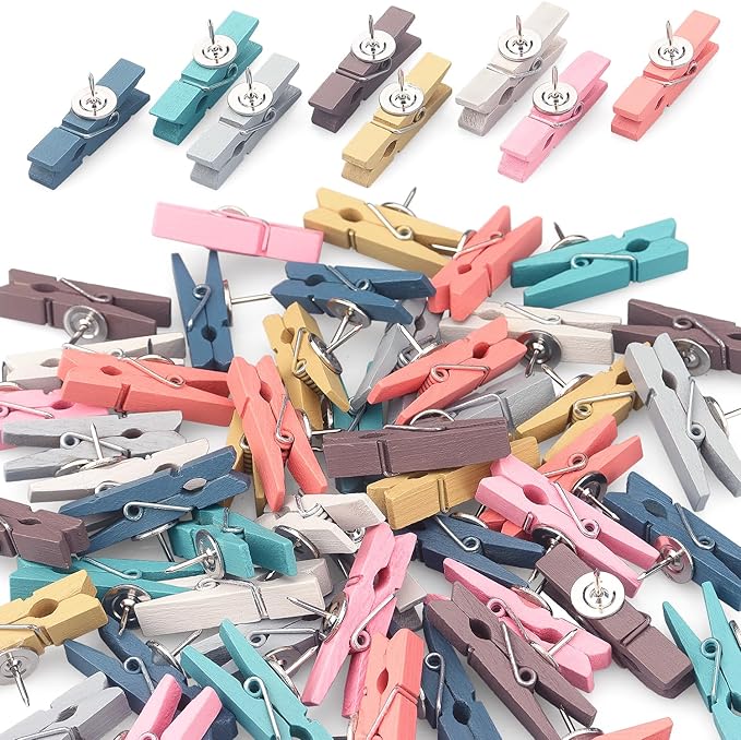 50 PCS Wooden Clips Colorful Push Pins Tacks for Cork Board Artwork, Crafts Arts Projects(Morandi)
