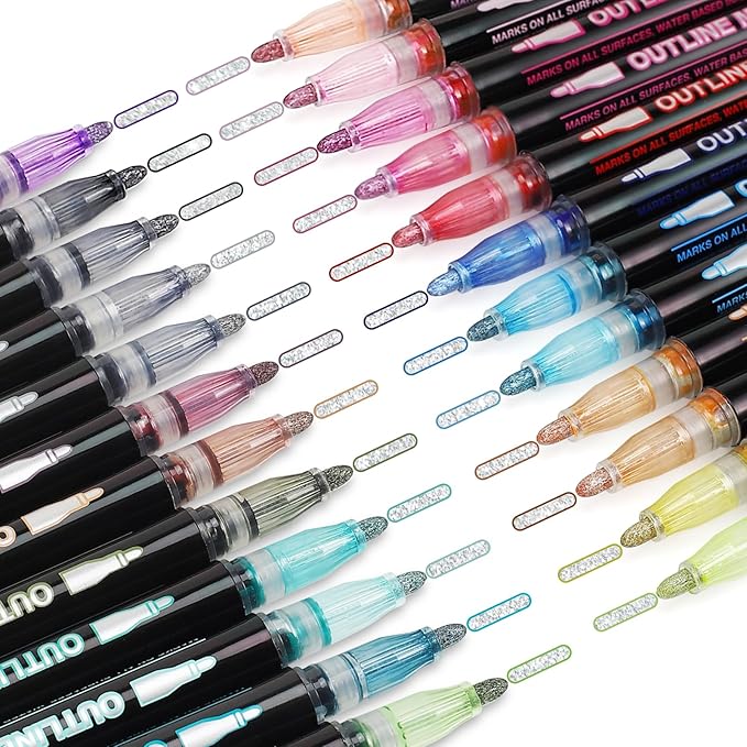Glitter Markers Outline Pens Metallic, 24 Self Outlining Glitter Pens Adult Coloring Double Line Outline Markers,Gel Sparkle Outliner Shimmer,Teen Gifts Drawing Cool Fun Magic Stuff
