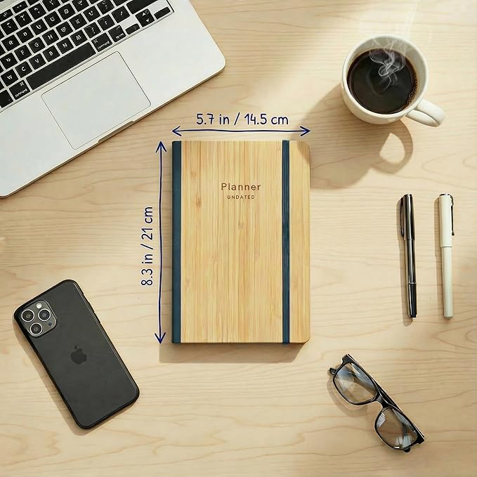 Bamboo Cover Undated Portable Planner Notebook – Daily, Weekly & Monthly Organizer, Lay-Flat A5 (5.7” × 8.3”), 100 GSM Paper, 160 Pages, 4-Month Layout (Green)