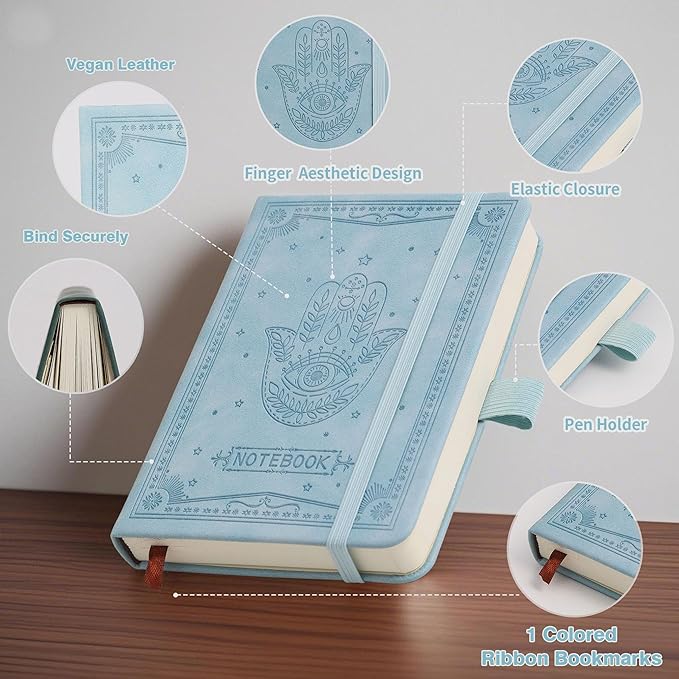 Inner Pocket Notebook Lined Journal 4X 6 Hardcover Leather Notebook 288 PAGE Finger Aesthetic Bound College Ruled Reading Diary Notepad For Travel Work School Office Writing Gifts -Blue