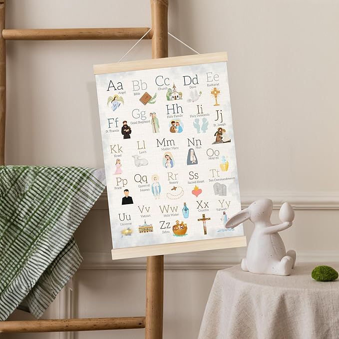 Koesus Christian Alphabet Wall Art Poster Hanger Frame 12x16 Inch, Bible Alphabet ABC Educational Canvas Pictures Prints Framed Wall Decor for Toddler Nursery Classroom Preschool