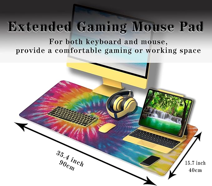 Gaming Mouse Pad Yellow Big Desk Mat Large Mousepads Desktop Mat Table Extender Non-Slip Rubber Base Waterproof with Stitched Edges 35.4" X 15.7" for Game Office, Rainbow Tie Dye