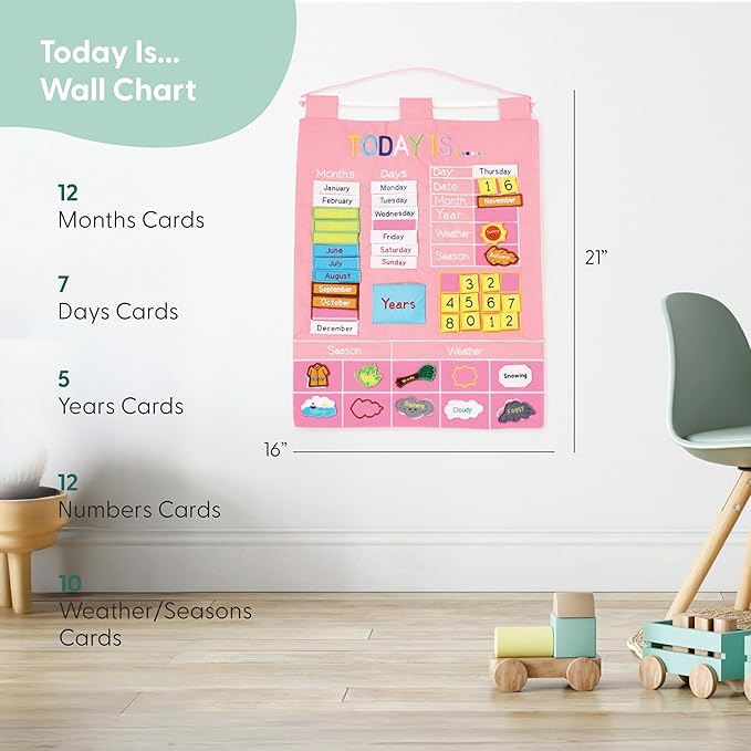 The Peanutshell Learning Calendar Wall Chart - Homeschool Supplies, Interactive Pocket Chart for Toddlers & Kids - Preschool Learning Activity Board, Circle Time Board for Classroom - Pink Today is