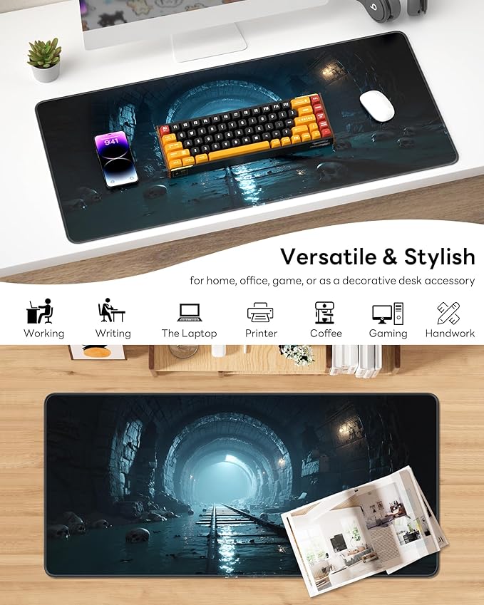 XL Gaming Mouse Pad, 31.5x17.5'' Large Desk Mat with Anti-Slip Rubber Base & Stitched Edges for Gaming, Office, Home - Dark Tunnel