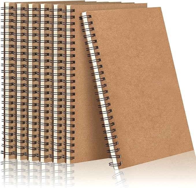 LABUK 7 Pack Blank Spiral Notebook, A5 Unlined Notebook, 100 Pages Journal Sketch Books 8.3"x 5.5" Soft Cover Kraft Diary Planner, 50 Sheets for School Travel Office (Brown)