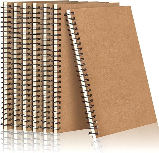 LABUK 7 Pack Blank Spiral Notebook, A5 Unlined Notebook, 100 Pages Journal Sketch Books 8.3"x 5.5" Soft Cover Kraft Diary Planner, 50 Sheets for School Travel Office (Brown)