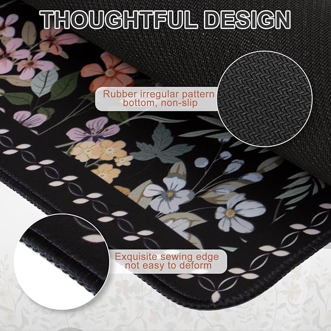 iCasso Large Desk Pad,Aesthetic Mouse Pad Black for Women Girl,Anti-Slip Rubber Base Computer Mat for Desktop,Cute Floral Desk Cover Protector Pad for Office Home School Gaming
