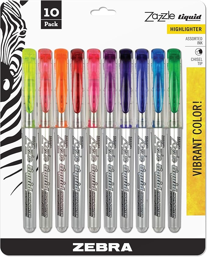 Zebra Pen, Liquid Zazzle Highlighter, Chisel Tip, Assorted Fluorescent Colors, Visible Ink Supply, Easy Glide Liquid Ink, Smooth Flow, for School or Office Use, 10-Pack (71111)