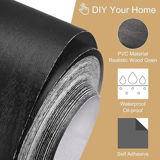 uxcell Wood Grain Tape, 4.72" x33 Ft Wall Paper Border Sticker Self-Adhesive Wood Grain Repair Patch with Scraper for Wall Corner Table Door Sofa Furniture Home Decor (Black)