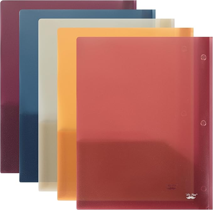 Mr. Pen- Translucent Plastic Folders with Pockets and Prongs, 5 Pack, Colorful, Letter Size, Flexible Plastic Folders with Prongs & Card Slot