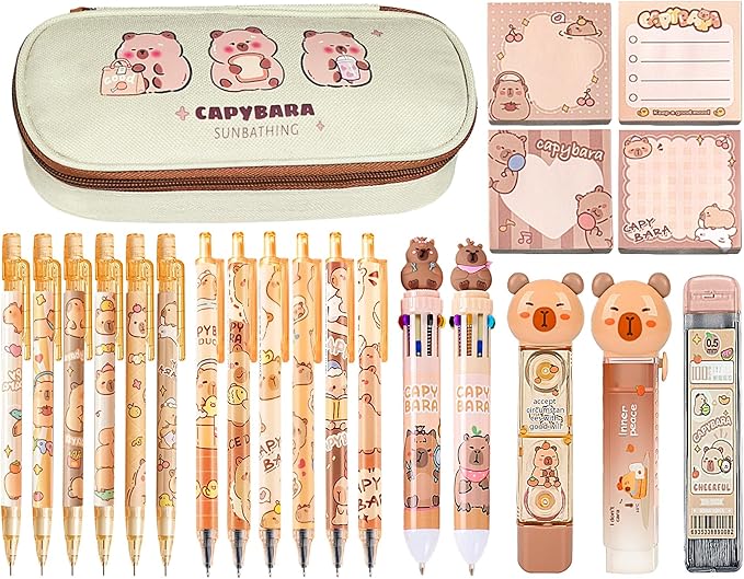 Cute Capybara School Supplies Stationery Set Kawaii Stationery Birthday Christmas Gifts Includes Eraser Mechanical Pencils Erasers Correction Tape Pencil Holder Gel Pens,for Office School Supplies